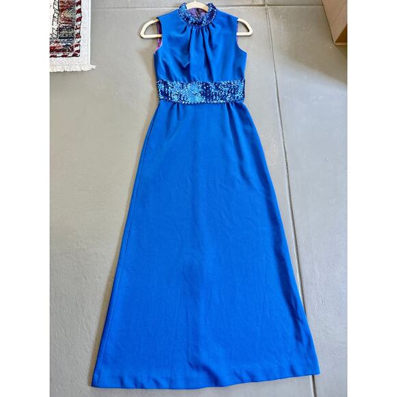 Vintage 70s Blue Maxi Dress Fitted Sleeveless Gown Dress Small Sequin Trim - Picture 2 of 11